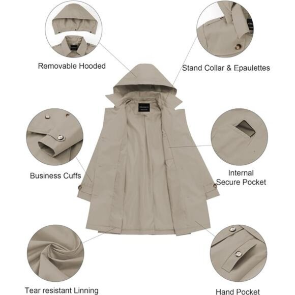 Women's Trench Coat Double-Breasted Classic Lapel Overcoat Belted - Picture 5 of 7